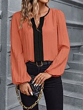 voordelige Vrouwen Werk Tops-Dames Overhemd Blouse Effen Kleur Basic Casual Lange mouw Gekerfde nek Normale tops Dagelijks Lapwerk Oranje Beige Herfst Winter