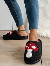 economico Ciabatte e infradito da donna-pantofole da interno nere comode da donna con ricamo a forma di fungo rosso - fodera in peluche, suola antiscivolo, perfette per il relax invernale in casa