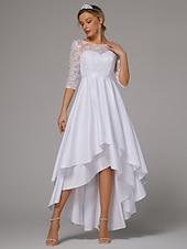 economico Abiti bianchi-Abiti da sposa abito A-Line collo a barca maniche lunghe asimmetrico abiti da sposa in satin con pieghe mono colore
