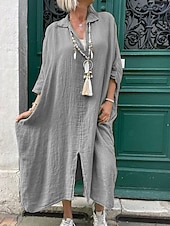 preiswerte Kleider-Damen Weiß Rosenrot Grau Frühling Herbst Maxikleid Leinen-inspirierte Kleider Elegant Mode Ferien Date Lässiger Schnitt Hemdkragen