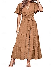 billige Arbeidskjoler-kvinners ensfarget slips foran v-hals lang kjole maxi kjole elegant bohemia fest daglig sommer