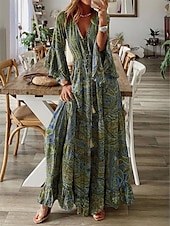 cheap Boho Dress-Women&#039;s Maxi Dress Casual Dress Swing Dress A Line Dress Boho Dress Casual Daily Regular Fit Floral Long Sleeve V Neck Red Blue Purple Orange Summer Spring Fall
