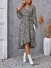ieftine Rochii florale elegante-rochie midi dama cu decolteu in V cu maneca lunga vara primavara
