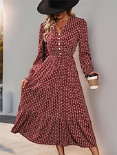 abordables Robes de travail-Femme Robe mi-longue Robe casual Robe Évasée Robe Trapèze Décontractées du quotidien Standard Floral manche longue Col V Vin Printemps Automne