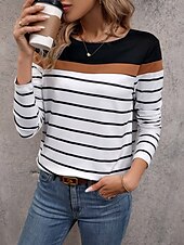 billiga Randig och geometrisk t-shirt-Dam T-shirt Färgblock Randig Mode Modern Ledigt Långärmad Rund hals Vanliga toppar Dagligen Helgen Mönster Svart Vit Höst Vinter