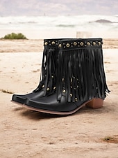 tanie Kowboj i zachodnie buty-czarne botki damskie w stylu western z frędzlami i ćwiekami – modne obuwie inspirowane stylem boho na festiwale i na co dzień