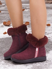 baratos Botas de neve e inverno-botins femininos de camurça bordô com punho de pele sintética e sola antiderrapante – calçados quentes de inverno para uso casual e ao ar livre