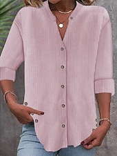 cheap Work Tops-Women&#039;s Shirt Blouse Striped Basic Casual Long Sleeve Bishop Sleeve V Neck Regular Tops Daily Patchwork Buttons Pink Blue Gray Fall Winter