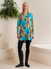baratos vestido casual estampado-vestido mini camisa rayon graffiti com punho e lapela