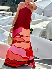 preiswerte Kleider für die Ferien-Damen Maxidress Casual kleid Schaukelkleid Brautkleider schlicht Täglich Regular Fit Farbblock Langarm Halfterhals Wein Sommer Frühling Herbst