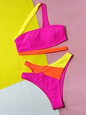 preiswerte Bikini-Sets-Damen Badeanzug Bikinis 2 Stück Cheeky-Bikinihose Bademode Rückenfrei Schlank Urlaub Strandbekleidung Farbblock Asymmetrischer Hals Ärmellos Badeanzüge