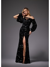 preiswerte SCHWARZ-Meerjungfrau Abendkleid Partykleid Formeller Sweep  Brush Train Lange Ärmel Rundhalsausschnitt Pailletten mit Glitzer Raffung Schlitz