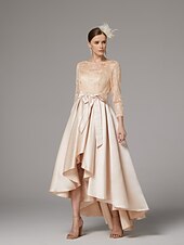 preiswerte Bodenlänge-A-Linien Kleid Mutter der Braut Kleid Elegant Plus-Size Hoch Niedrig Schmuckkragen Asymmetrisches Satin Spitze 3/4 Länge Ärmel Bodenn Länge mit Schärpe  Bandapplikationen