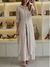 preiswerte Sets-Damen Mode Streetwear Täglich Hemd Leinen-inspirierte Sets Zweiteilige Sets Rock Langarm Hemdkragen Einfach Patchwork Lässig Täglich Rote Himmelblau Khaki Herbst Normale Passform