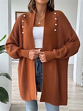 billiga Öppen front cardigan-Dam Tröja Kofta Ledigt Mjukt Ren färg Ribbad Öppen front Pärlor Stickat Långärmad Långa toppar Sticka Utomhus Dagligen Helgen Svart Blå Höst Vinter