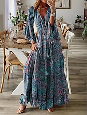 cheap Boho Dress-Women&#039;s Maxi Dress Casual Dress Swing Dress A Line Dress Boho Dress Casual Daily Regular Fit Floral Long Sleeve V Neck Red Blue Purple Orange Summer Spring Fall