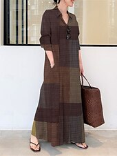 preiswerte Kleider für die Ferien-Damen kariertes Hemdkragen Maxikleid Langarm Frühling Herbst