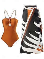 cheap One-piece swimsuits-Women&#039;s Swimwear One Piece 2 Piece Monokini Skirt Swimsuit Backless Tummy Control High Waist Slim Vacation Beach Wear Leaves Halter Neck Sleeveless Bathing Suits