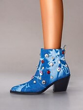 levne Cowboy &amp; Western Boots-dámské módní džínové kotníkové boty – kamínky zdobené blokovým podpatkem westernový styl na večírky a ležérní outfity