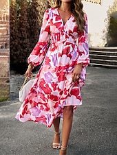 preiswerte Lässige Blumenkleider-Damen Maxidress Casual kleid Schaukelkleid A Linie Kleid Brautkleider schlicht Täglich Regular Fit Blumen Langarm V Ausschnitt Rote Blau Aprikose Sommer Frühling Herbst