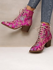 economico Stivali alla caviglia-stivaletti allacciati con ricami floreali da donna - in raso rosa acceso con tacco spesso per outfit casual, da festa o boho-chic
