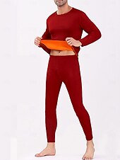 cheap Men&#039;s Pajamas-Men&#039;s Thermal Underwear Sleepwear Thermal Set 2 Pieces Plain Warm Fashion Casual Home Daily Bed Polyester Fleece Comfort Warm Soft Crew Neck Long Sleeve T shirt Tee Pant Fall Winter Black Red