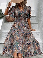 abordables Robes Bohémiennes-Femmes Robe maxi Robe Décontractée Robe évasée Robe trapèze Robe bohème Occasionnel Quotidien Coupe régulière Fleuri Paisley Manche Courte Col en V Bleu Fuchsia Été Printemps Automne