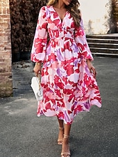preiswerte Lässige Blumenkleider-Damen Maxidress Casual kleid Schaukelkleid A Linie Kleid Brautkleider schlicht Täglich Regular Fit Blumen Langarm V Ausschnitt Rote Blau Aprikose Sommer Frühling Herbst