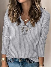 preiswerte Spitzenoberteile-Damen Hemd Bluse Feste Farbe Basic Brautkleider schlicht Langarm V Ausschnitt Normale Oberteile Täglich Spitze Patchwork Grau Herbst Winter