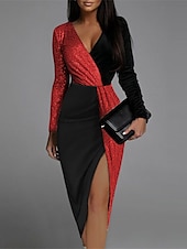 cheap Sequin Dresses-Women&#039;s Sequin Dress Midi Dress Sequins Patchwork Casual V Neck Long Sleeve Champagne Red Color