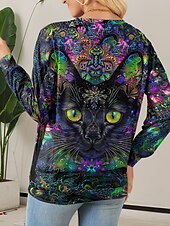 abordables Animaux Tops-pull femme décontracté chat vêtements de tous les jours décontracté col rond imprimé manches longues violet automne hiver