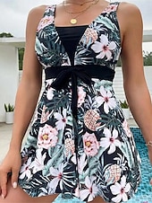 billiga Badessor-Dam Badkläder Tankini 2 st Kaxig Baddräkt Öppen rygg Magkontroll Hög midja Smal Semester Standkläder Blommig Halterneck Ärmlös Baddräkter
