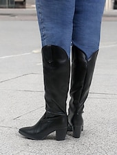 levne Cowboy &amp; Western Boots-černé westernové boty z umělé kůže po kolena se špičatou špičkou a blokovými podpatky – elegantní styl kovbojky pro ženy