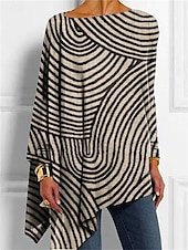 billige Dressy topper-Dame Skjorte Bluse Katt Fritid Langermet Crew-hals Lange topper Daglig Trykt mønster Asymetrisk kant Blå Kakifarget Beige Høst Vinter
