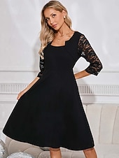 levne černé mini šaty-Dámské Černé šaty Midi šaty Krajka Elegantní Hranatý Dlouhý rukáv Černá Barva