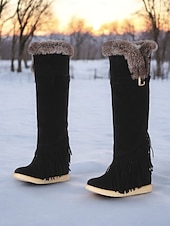 baratos Botas de neve e inverno-Botas de inverno femininas de camurça verde mocassim com forro de pele e detalhes de franjas – botas de neve confortáveis na altura do joelho para o tempo frio