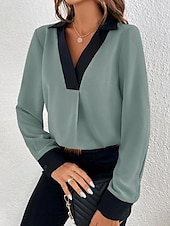 economico Top da Lavoro per Donne-Per donna Camicia Manica lunga A V Bianco Marrone Verde Primavera &amp; Autunno
