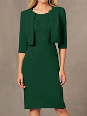 preiswerte Mit Jacke-Zweiteiliges Sheath  Column Kleid Strandhochzeitsanzug Kleid der Mutter der Braut Einfacher Juwel-Ausschnitt Knielängen Stretch-Stoff Jackenbekleidungen mit Bestickungsapplikationen Renntag Kleid