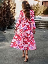 preiswerte Lässige Blumenkleider-Damen Maxidress Casual kleid Schaukelkleid A Linie Kleid Brautkleider schlicht Täglich Regular Fit Blumen Langarm V Ausschnitt Rote Blau Aprikose Sommer Frühling Herbst