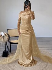 economico GIALLO-Abito da sera sagomato abito elegante formale strascico  spazzola maniche lunghe scollatura illusoria champagne madre della sposa abito in raso con perle sovraspettacolo