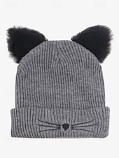 cheap Women&#039;s Hats-Women&#039;s Cute Cat Ear Beanie – Burgundy Knit Hat with Faux Fur Ears and Whisker Embroidery, Cozy and Stylish Winter Accessory