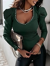 preiswerte Elegante Oberteile-Damen Hemd Bluse Feste Farbe Basic Brautkleider schlicht Langarm Puffärmel V Ausschnitt Normale Oberteile Täglich Patchwork Perlenbesetzt Schwarz Wein Grün Herbst Winter