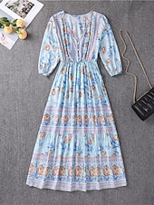 ieftine Rochii Boho-Pentru femei Rochii Midi Rochie casual Rochie leagăn Rochie A line Rochie Boho Casual Zilnic Fit regulat Floral Lungime Manșon 3/4 În V Roz Îmbujorat Albastru piscină Caisă Vară Primăvară Toamnă