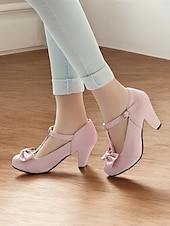 billiga 1950-talet-svarta t-bandklackar för kvinnor med rosettdetalj - vintageinspirerade chunky pumps för kontor, fester eller högtidliga tillfällen