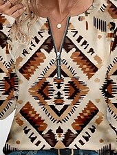 halpa Boho t-paita-Naisten T-paita Geometrinen Vintage Vapaa-aika Pitkähihainen V kaula-aukko Tavalliset topit Päivittäin Vetoketju Painettu Khaki 봄 &amp; Syksy