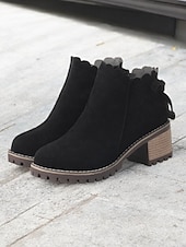preiswerte Stiefeletten-braune Wildlederstiefeletten für Damen mit gewelltem Rand und Blockabsatz – lässiger Vintage-Stil für jeden Tag