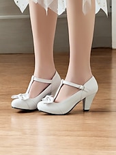 billiga 1950-talet-svarta t-bandklackar för kvinnor med rosettdetalj - vintageinspirerade chunky pumps för kontor, fester eller högtidliga tillfällen