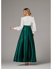 cheap GREEN-A-Line Evening Gown High Split Dress Formal Wedding Guest Floor Length Long Sleeve V Neck Fall Wedding Guest Satin with Pleats Slit