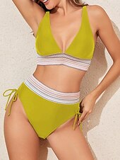 cheap Bikini Sets-Women&#039;s Swimwear Bikini 2 Piece Briefs Swimsuit Backless Patchwork High Waist Slim Vacation Beach Wear Solid Color V Neck Sleeveless Bathing Suits