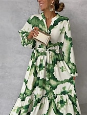 preiswerte Blumenkleider-Damen Blumen Maxikleid mit Schlitz am Hals Langarm Sommer Frühling